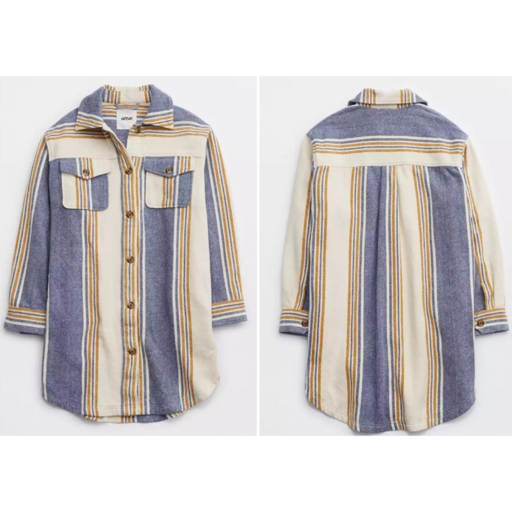 Aerie Oversized Flannel Button Front Shacket Size Medium In Cream Blue Stripes
